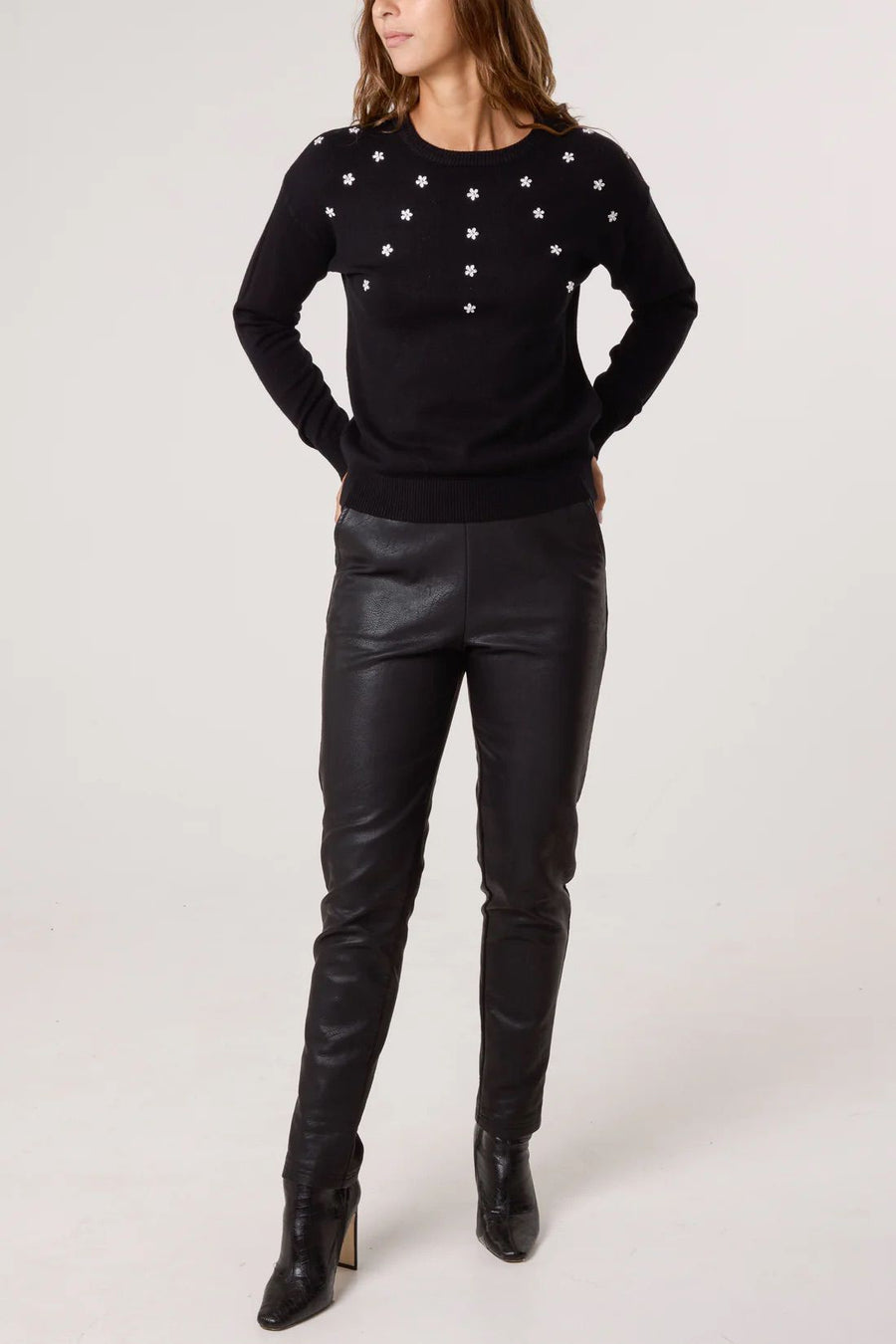 Diamante Ditsy Floral Round Neck Jumper - Black