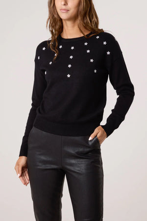 Diamante Ditsy Floral Round Neck Jumper - Black