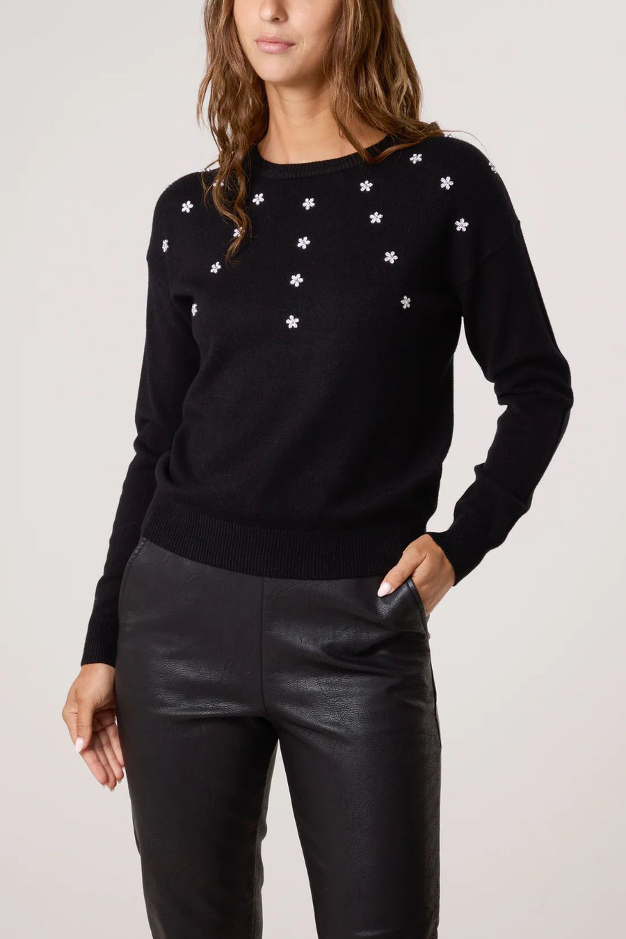 Diamante Ditsy Floral Round Neck Jumper - Black