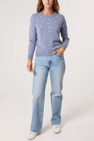 Diamante Ditsy Floral Round Neck Jumper - Denim Melange