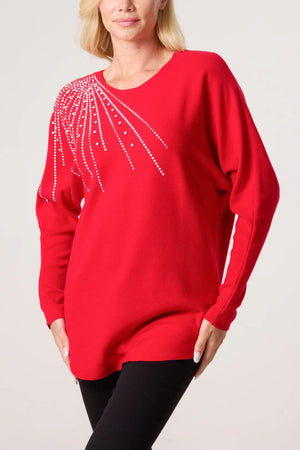 Diamante Embellished Shoulder Jumper - Red