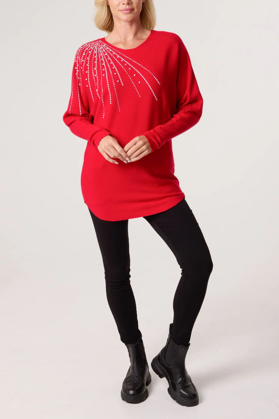Diamante Embellished Shoulder Jumper - Red