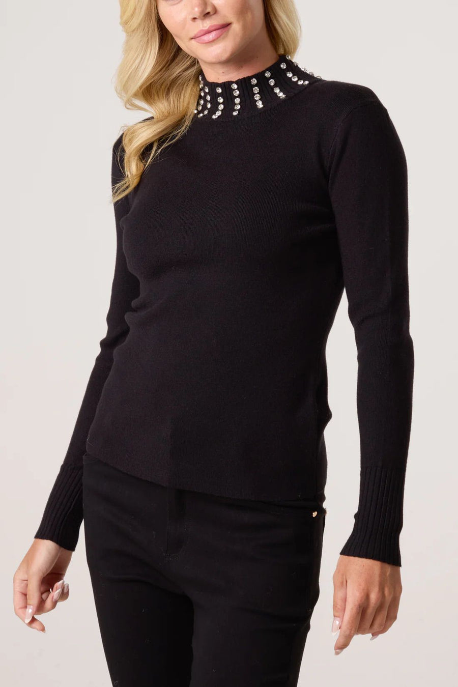 Diamante High Neck Jumper - Black