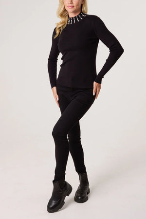 Diamante High Neck Jumper - Black