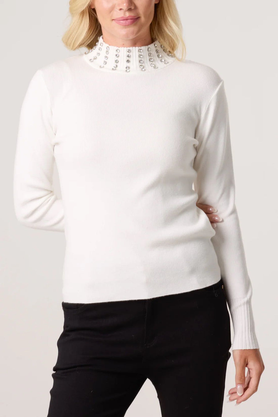 Diamante High Neck Jumper - Ivory