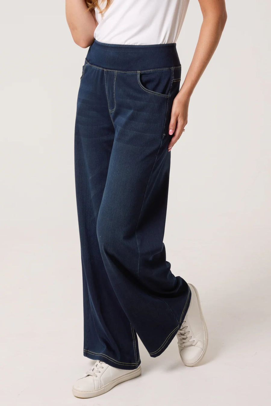 Elasticated Waistband Wide Leg Jeans - Indigo