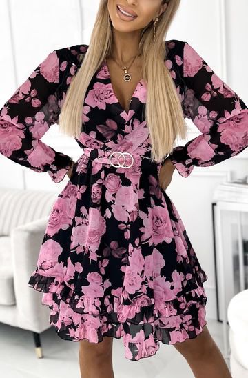 Elona Floral chiffon Frill Wrap Dress - Pink