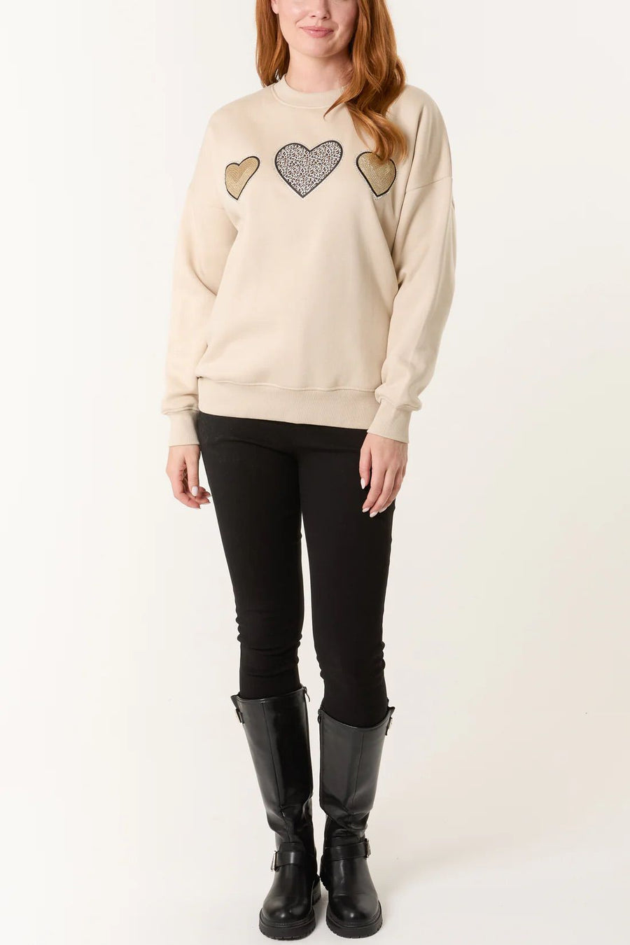 Embellished + Animal Heart Sweatshirt - Stone