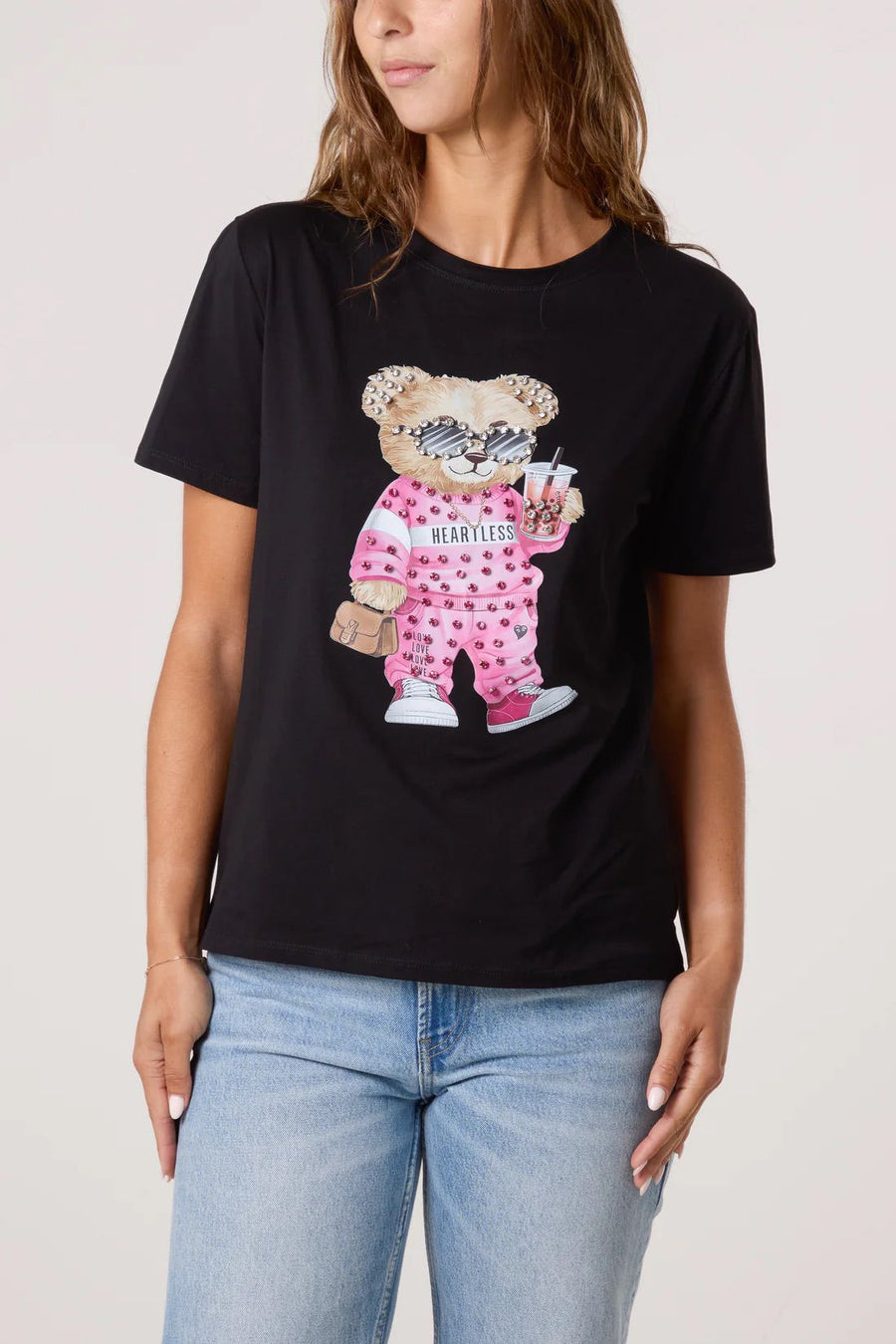 Embellished Shopping Bear T-Shirt - Black