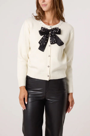 Embellished Diamante Bow Cardigan - Ivory