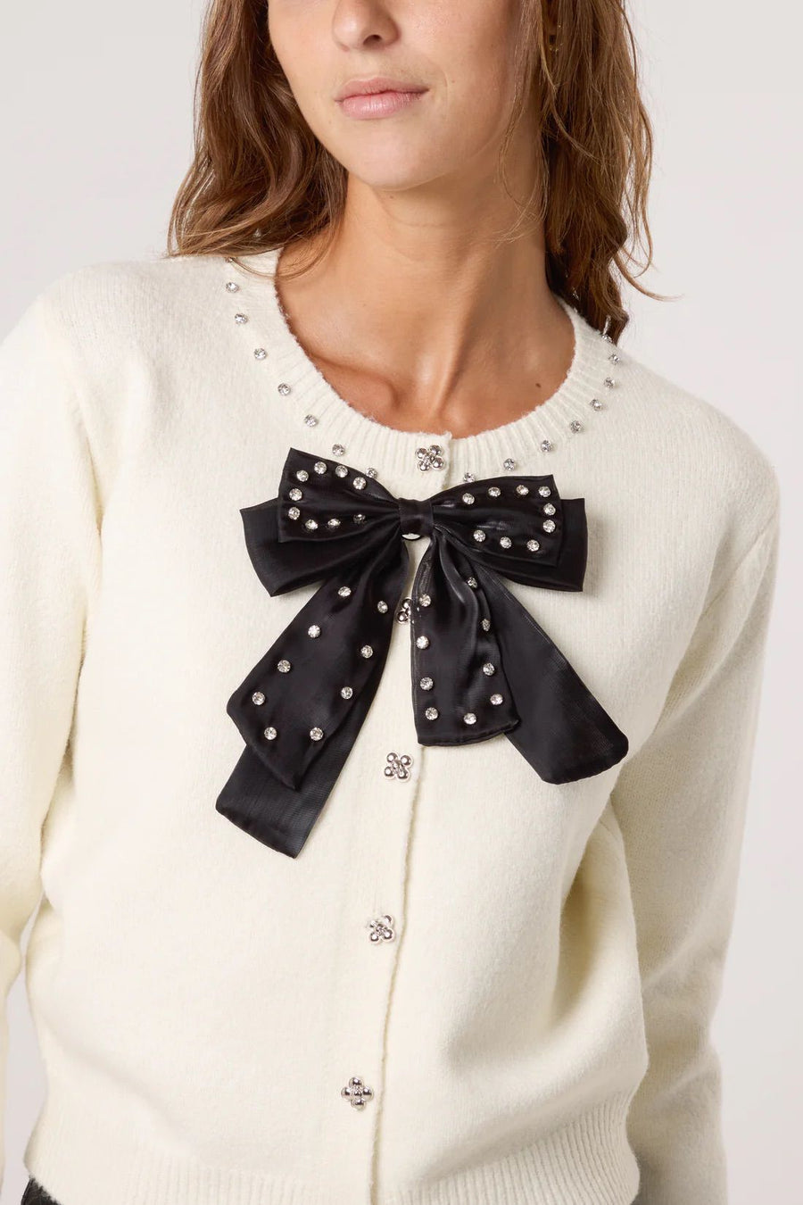 Embellished Diamante Bow Cardigan - Ivory
