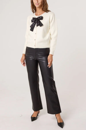 Embellished Diamante Bow Cardigan - Ivory