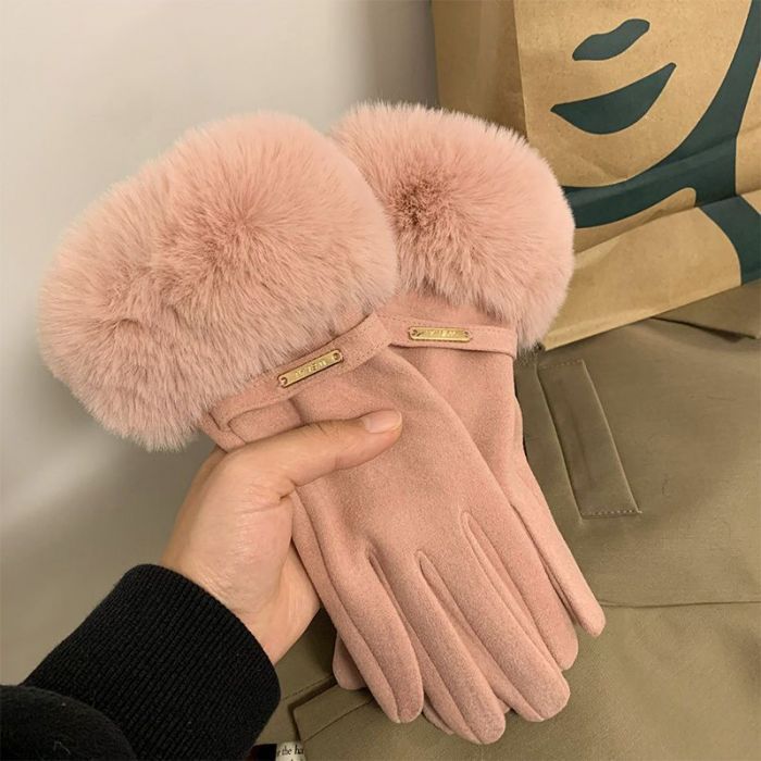 Faux Fur Belt Detail Gloves Pink