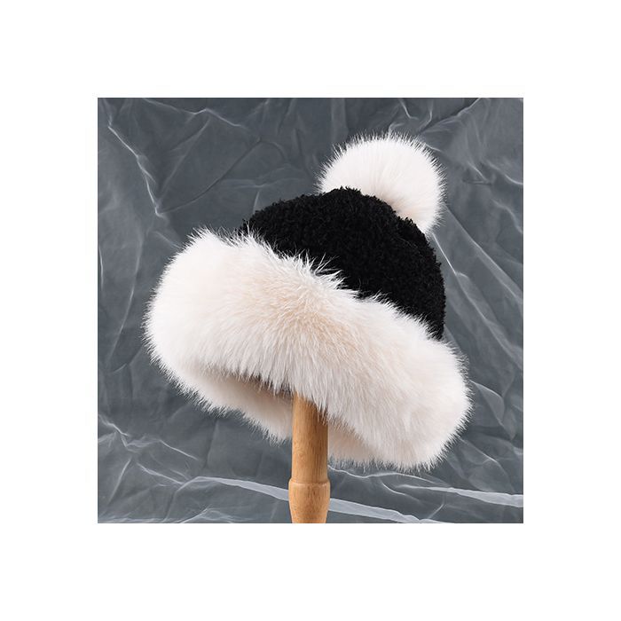 Faux Fur Trim Pom Pom Hat - Black
