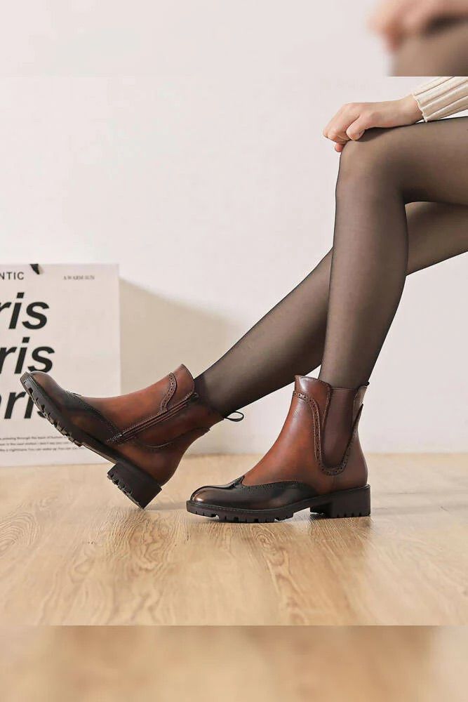 Faux Leather Look Brogue Style Ankle Boot Brown