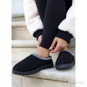 Faux Suede Embroidered Aztec Detail Fluffy Slipper Boots - Black