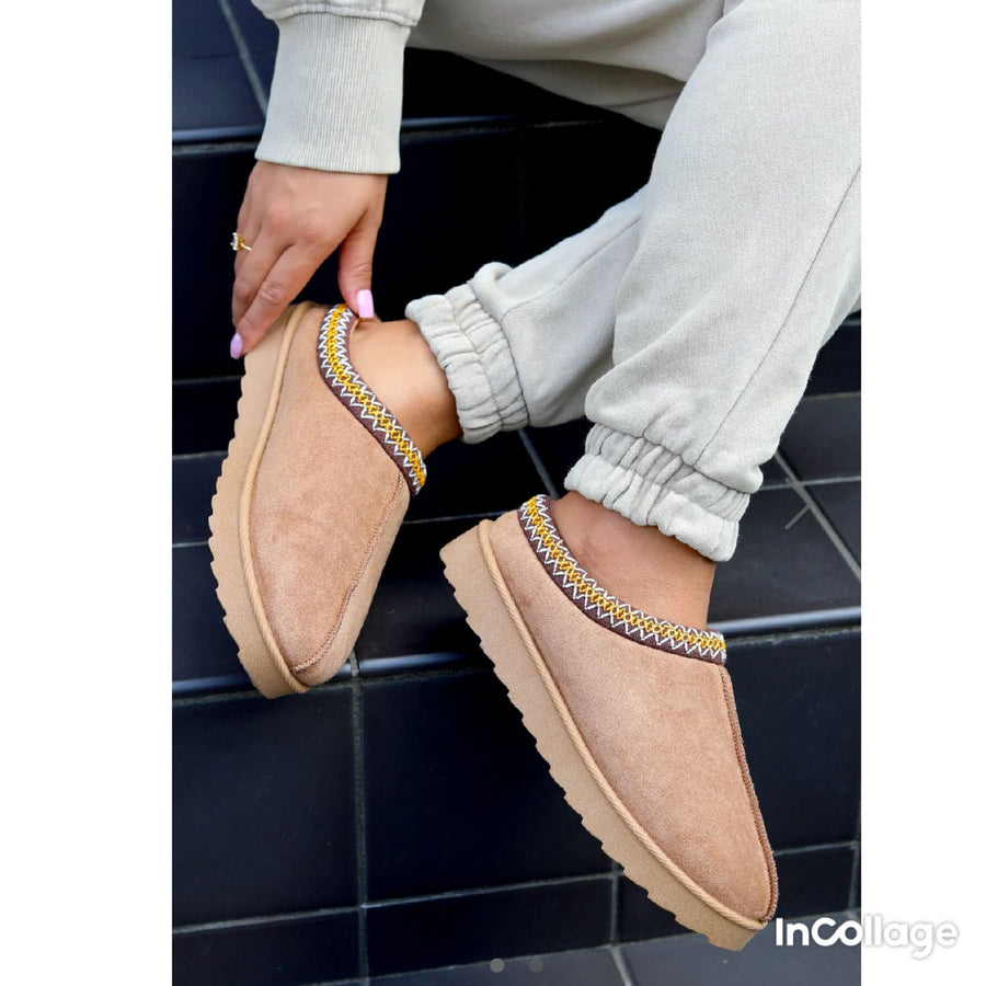 Faux Suede Embroidered Aztec Detail Fluffy Slipper Boots - Camel
