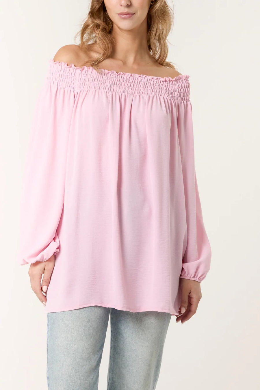Floaty Long Sleeve Bardot Blouse - Blush