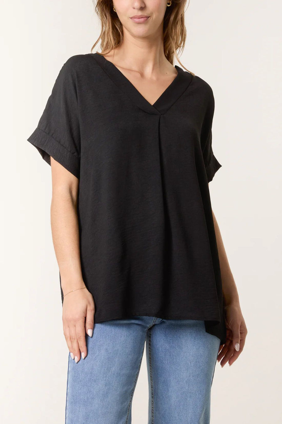 Floaty V-Neck Short Sleeve Top/Necklace - Black