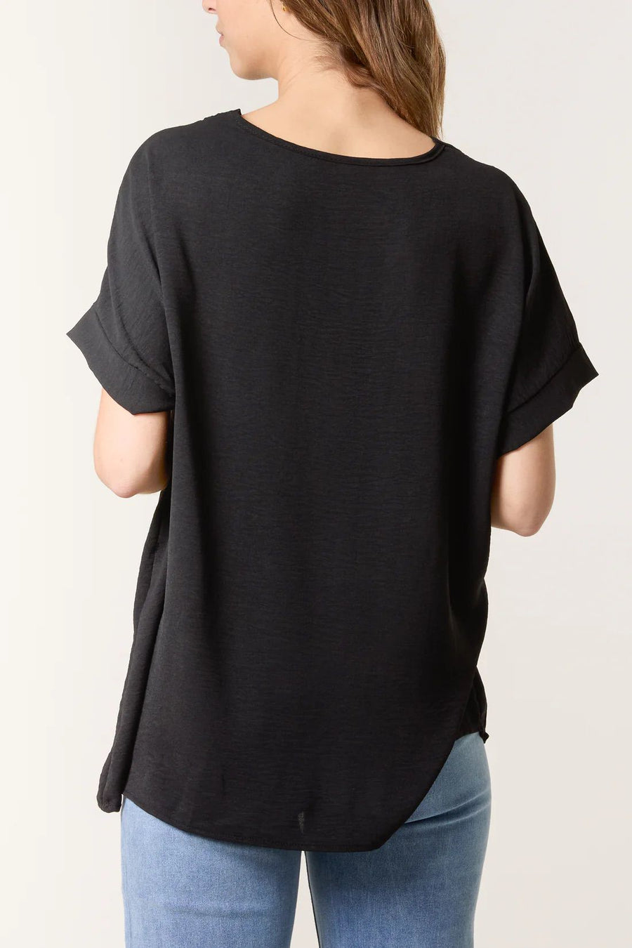Floaty V-Neck Short Sleeve Top/Necklace - Black