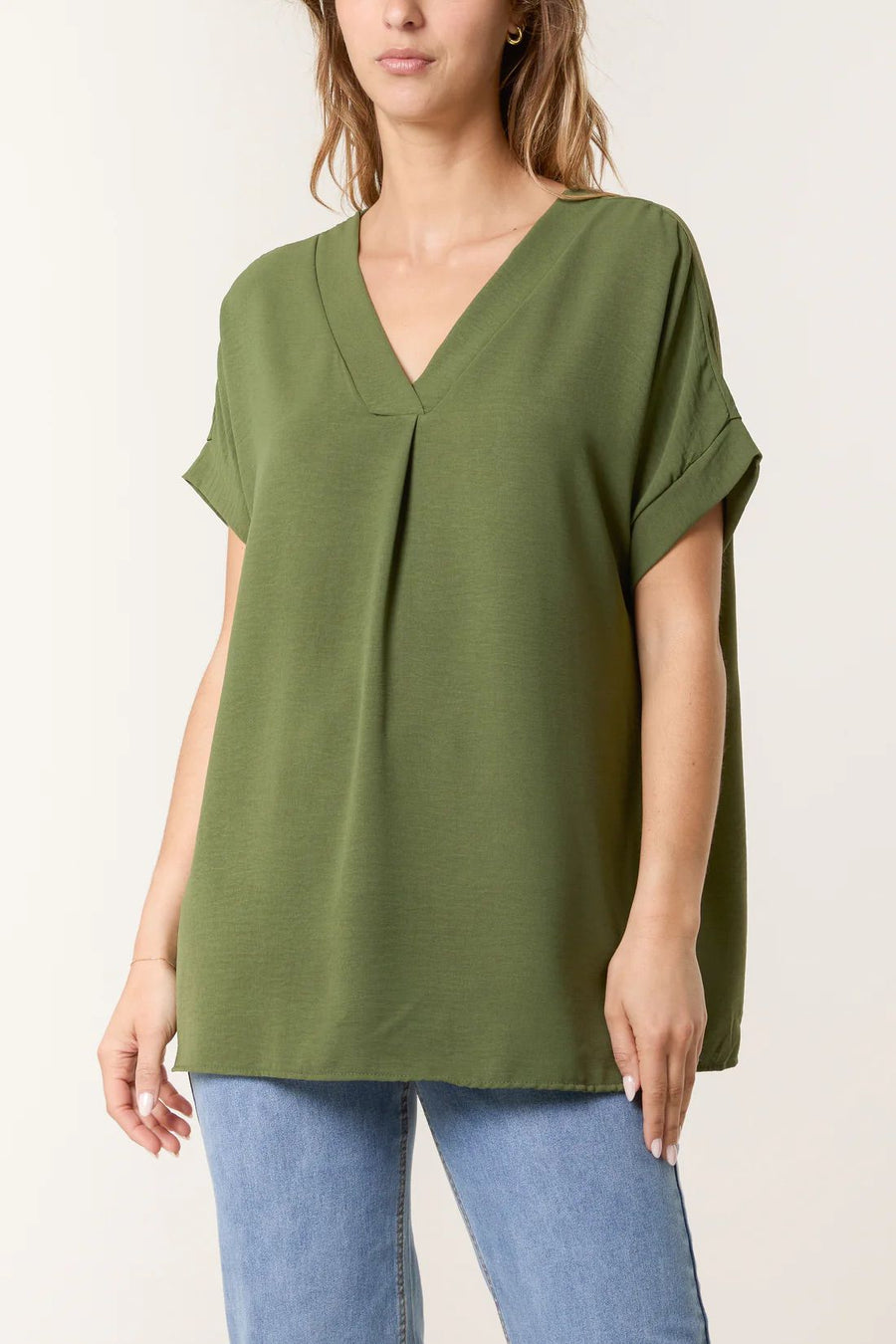 Floaty V-Neck Short Sleeve Top/Necklace - Khaki