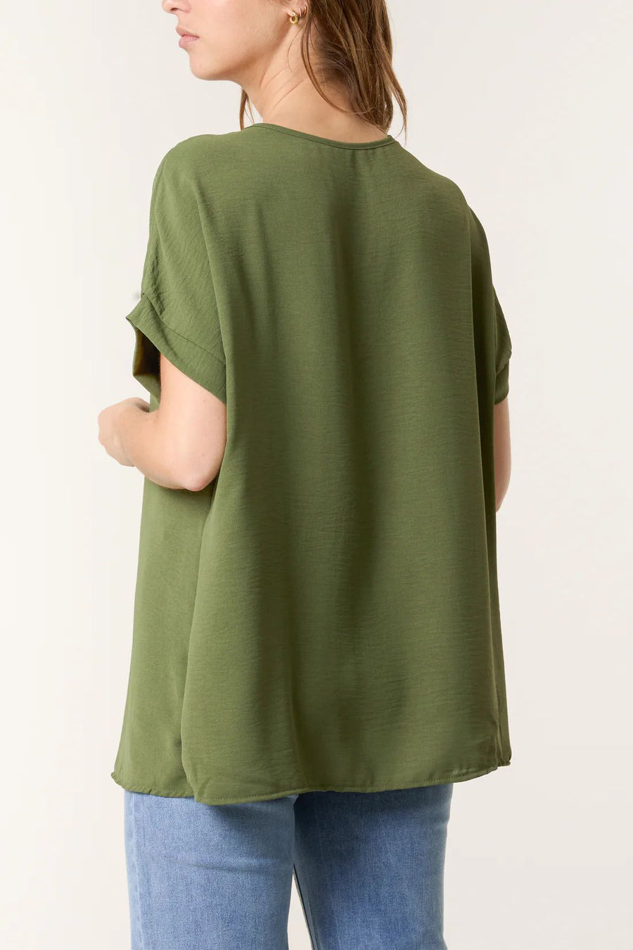 Floaty V-Neck Short Sleeve Top/Necklace - Khaki