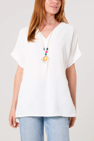 Floaty V-Neck Short Sleeve Top/Necklace - White