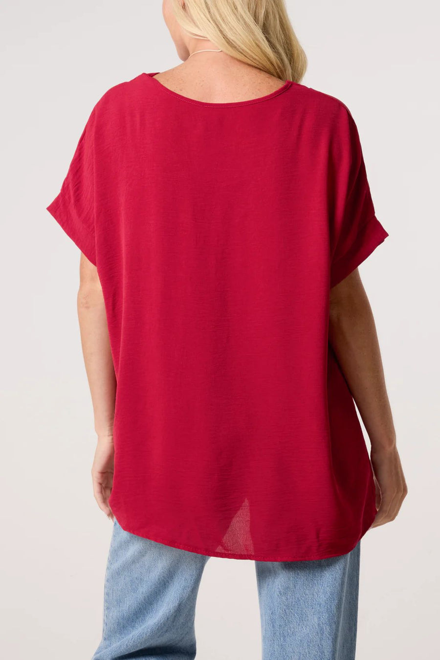 Floaty V-Neck Short Sleeve Top/Necklace - Wine