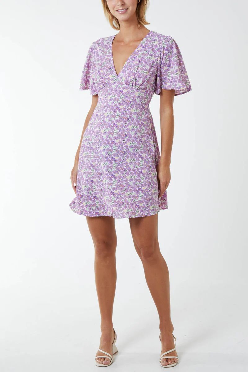 Floral V-Neck Puff Sleeve Mint Dress - Lilac