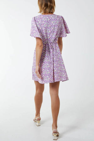 Floral V-Neck Puff Sleeve Mint Dress - Lilac