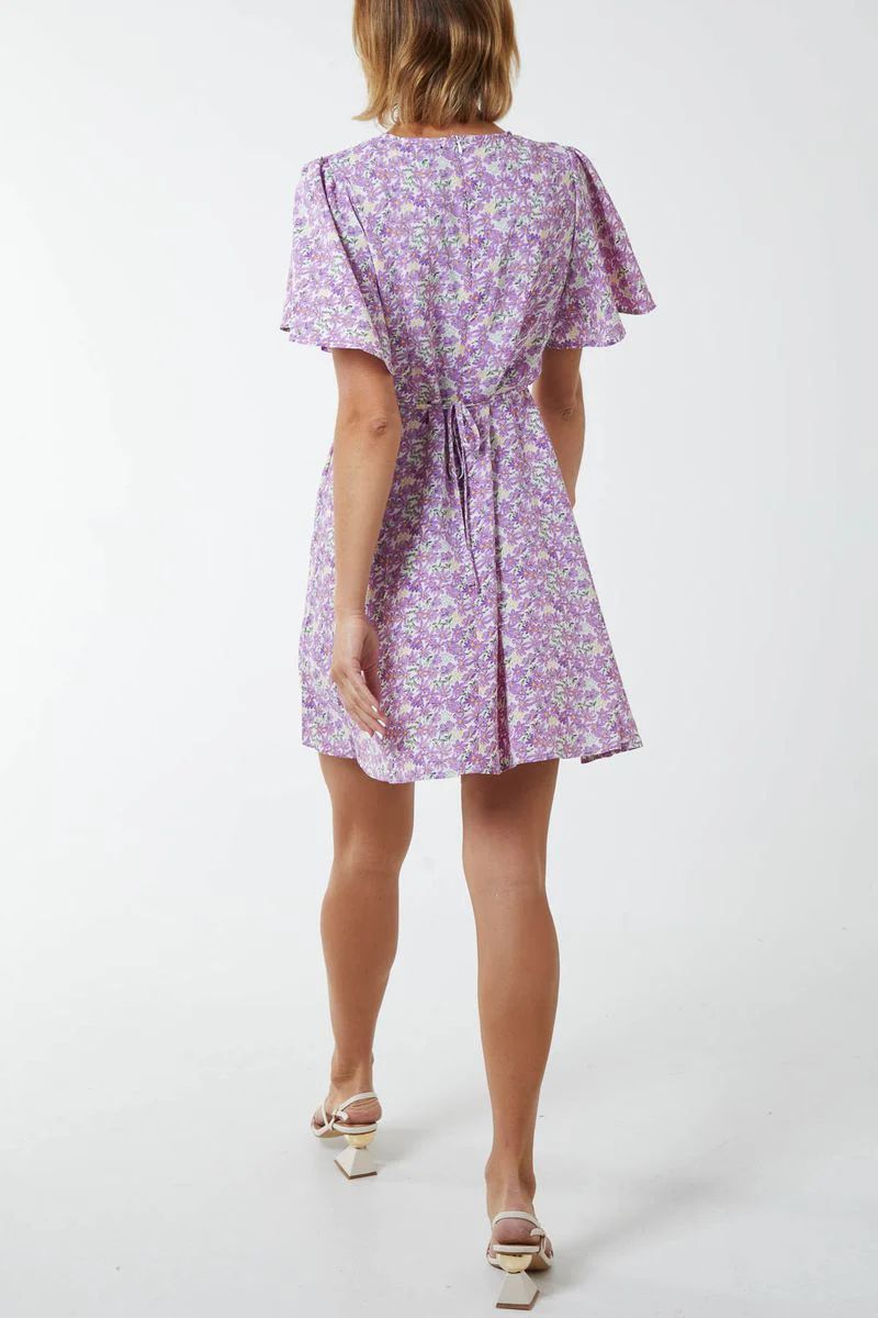 Floral V-Neck Puff Sleeve Mint Dress - Lilac