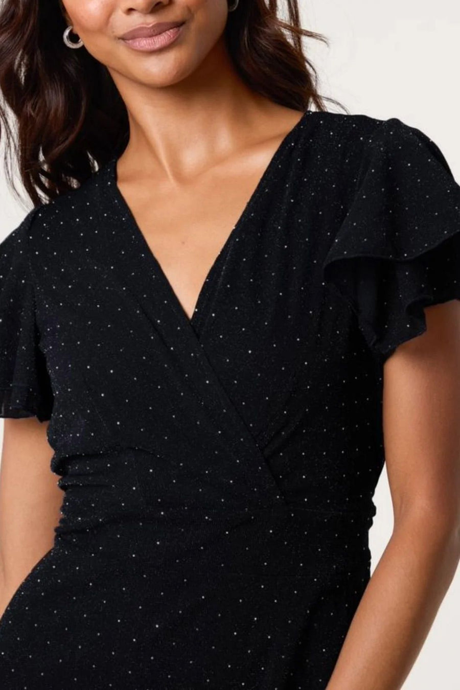Flutter Sleeve Diamante Wrap Dress - Black