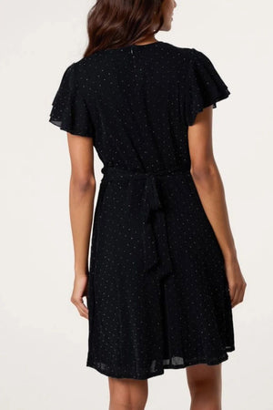 Flutter Sleeve Diamante Wrap Dress - Black