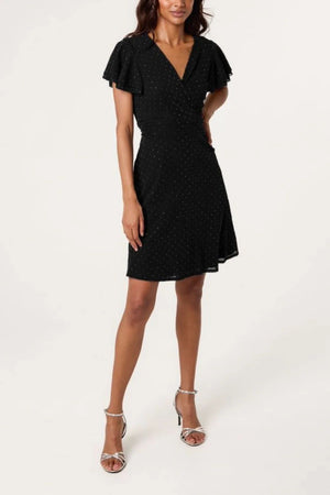 Flutter Sleeve Diamante Wrap Dress - Black
