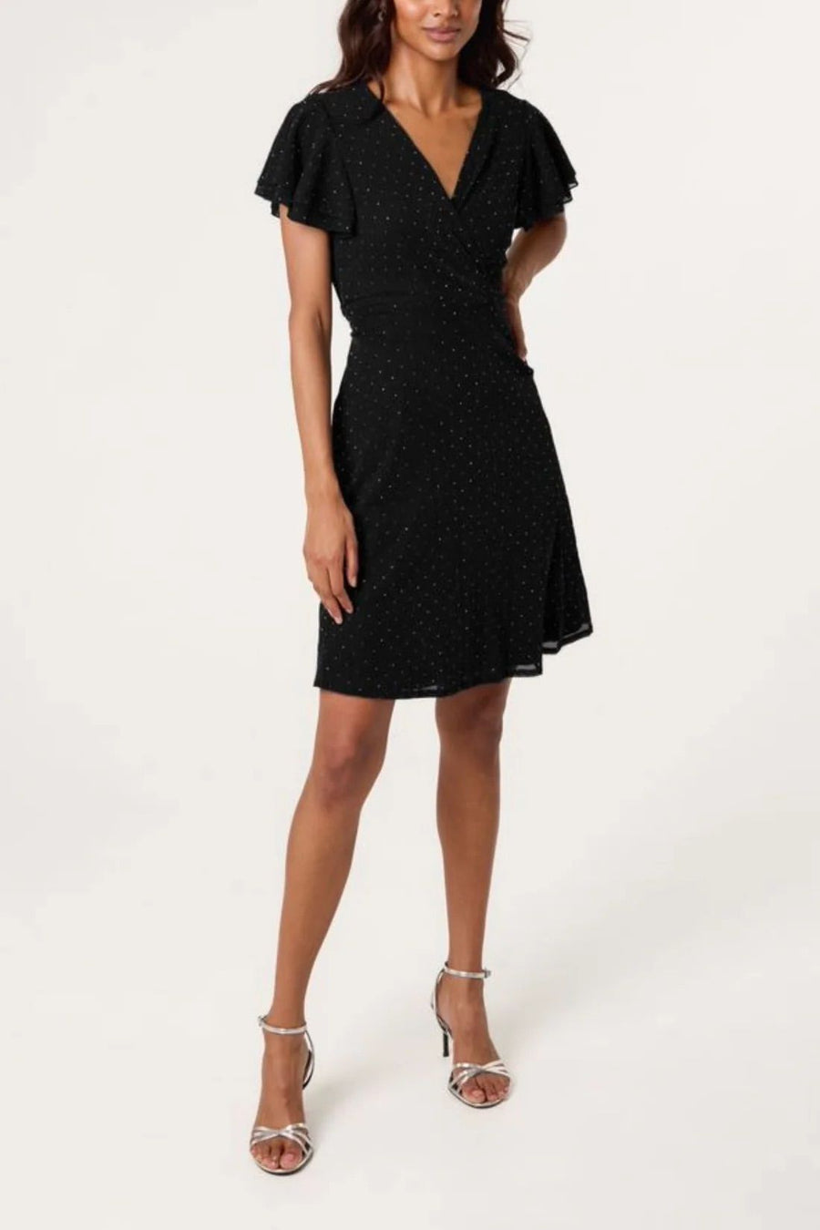 Flutter Sleeve Diamante Wrap Dress - Black