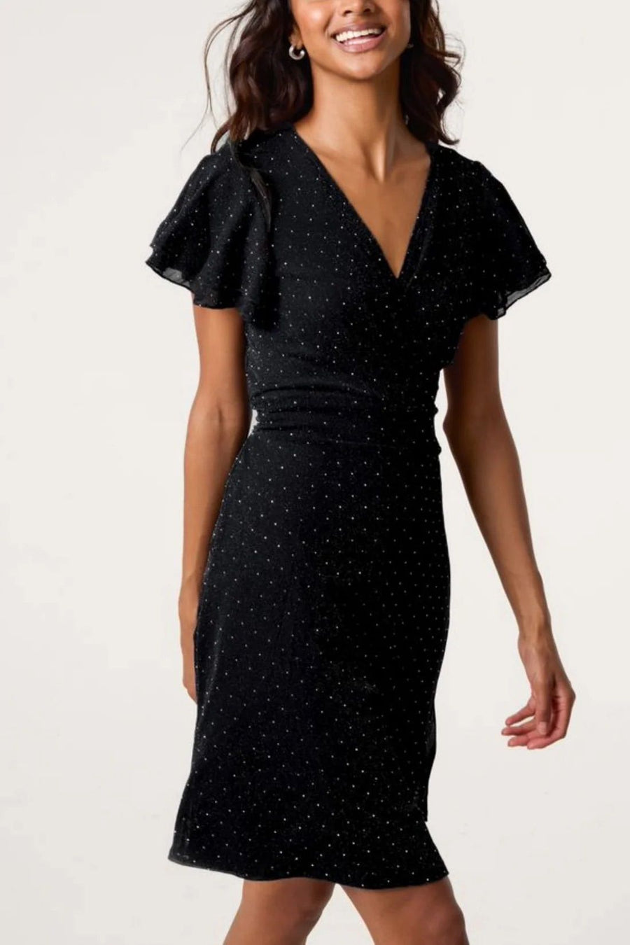 Flutter Sleeve Diamante Wrap Dress - Black