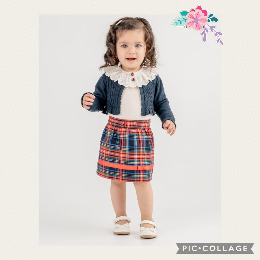 Girls 3 Piece Spanish Tartan Skirt & Knitted Cardigan - Red/Blue