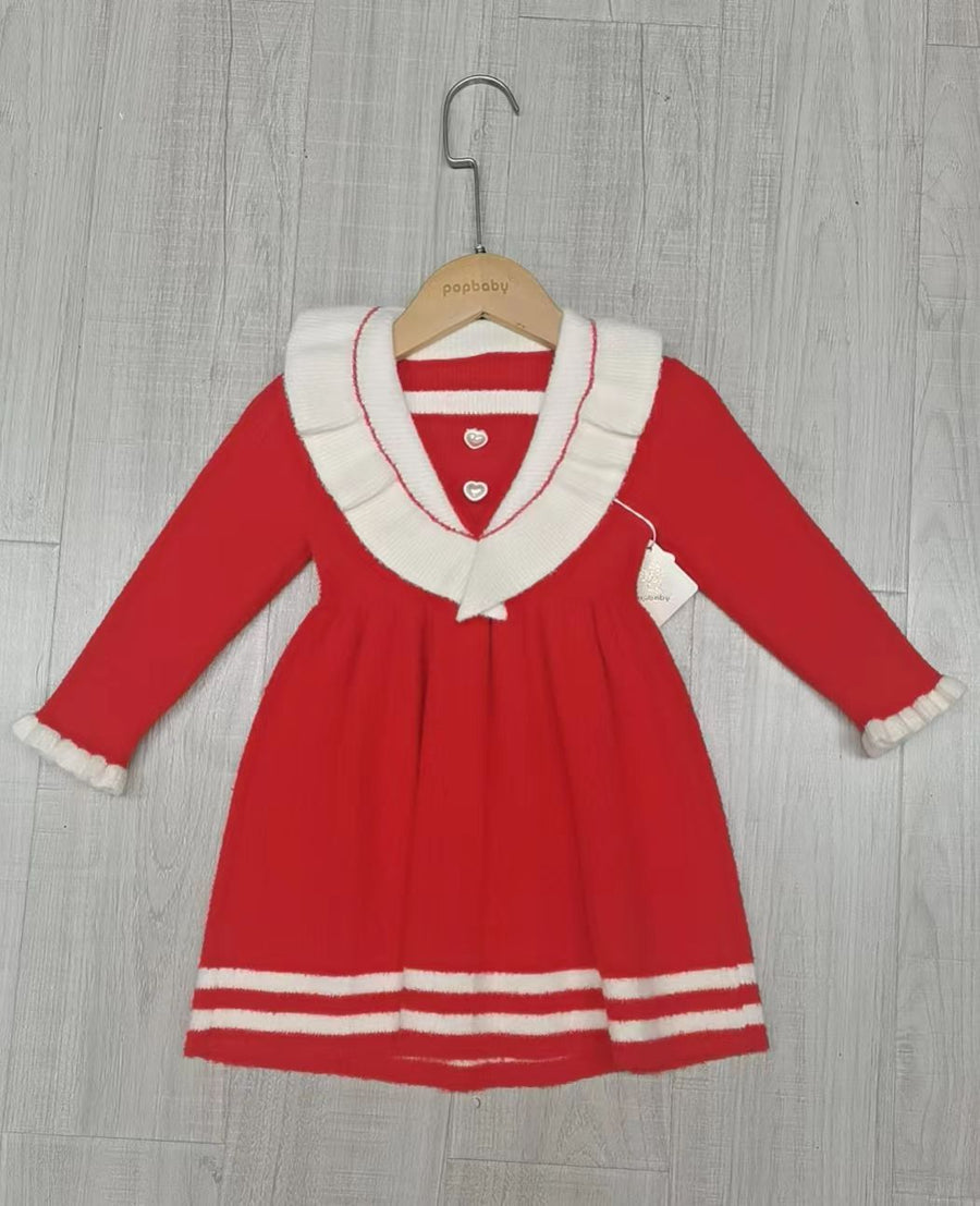 Girls Full Sleeve Knitted Frilly Dress - Red