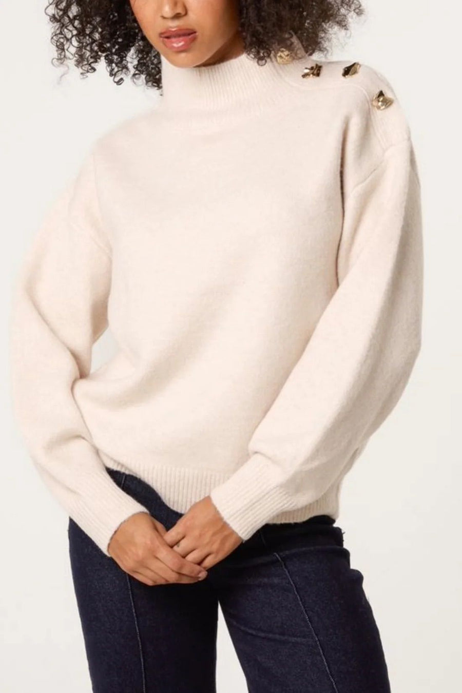 Gold Button Shoulder High Neck Jumper - Stone