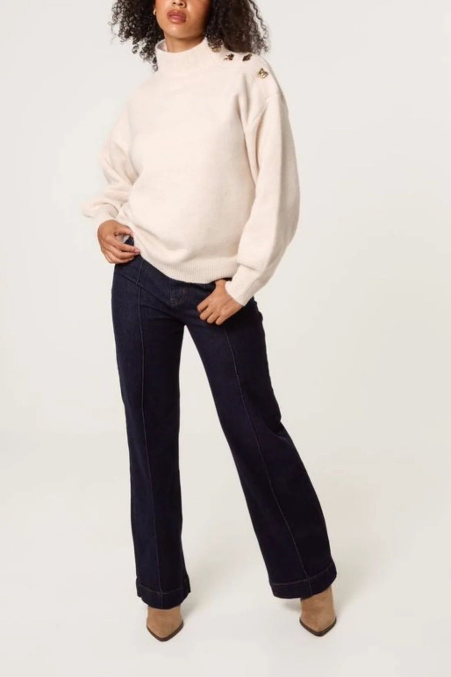 Gold Button Shoulder High Neck Jumper - Stone