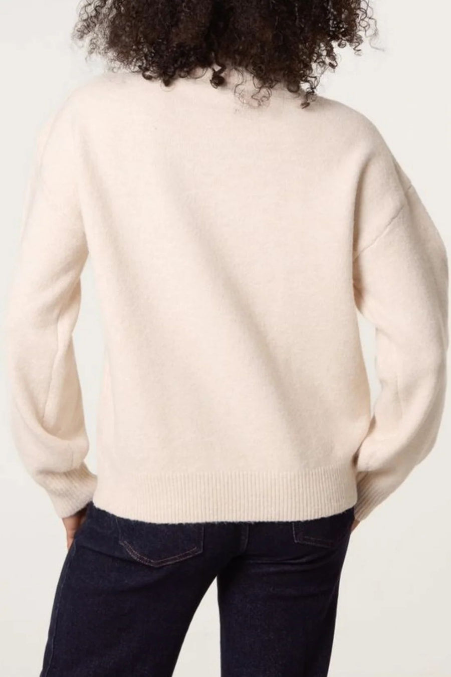 Gold Button Shoulder High Neck Jumper - Stone