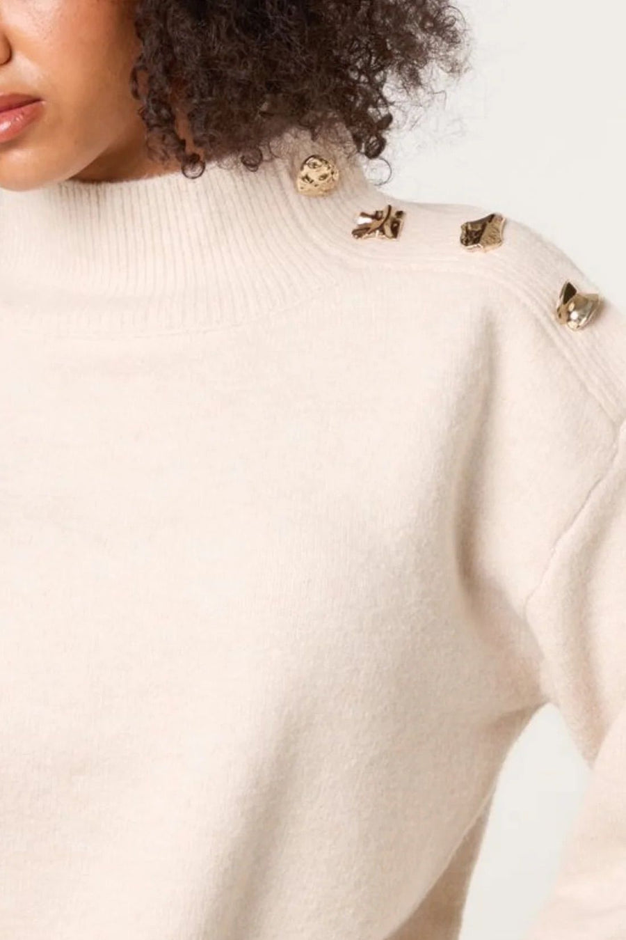 Gold Button Shoulder High Neck Jumper - Stone