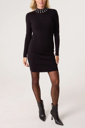 High Collar Diamante Jumper dress - Black