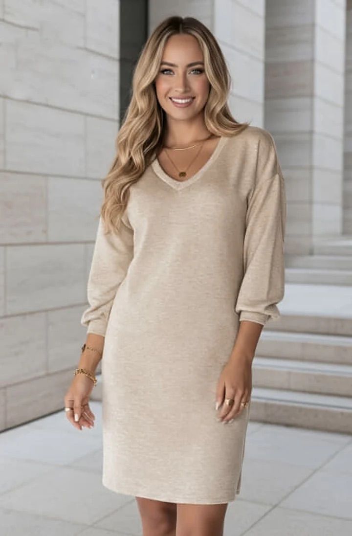 Irma V-Neck Sweater Jumper Dress - Stone