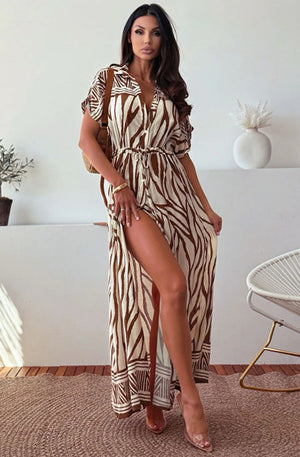Janelle Zebra Inspired Animal Abstract Maxi Dress - Brown
