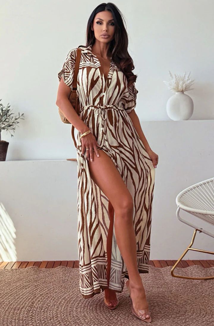 Janelle Zebra Inspired Animal Abstract Maxi Dress - Brown