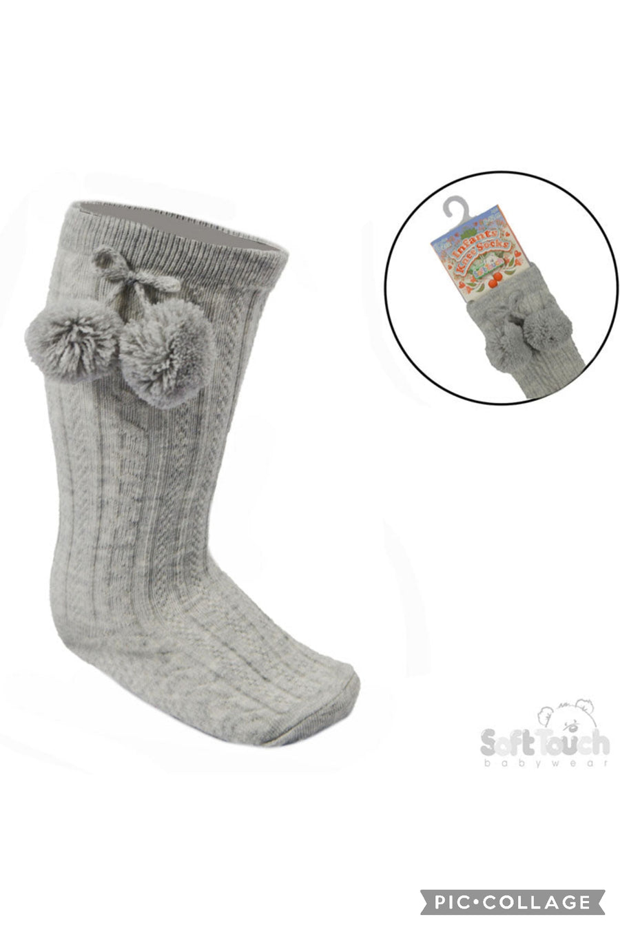 Baby Knee Socks With Pom Poms - Grey
