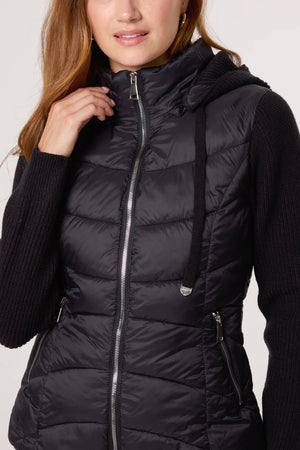 Knitted Sleeve Puffer Quilted Jacket - Black