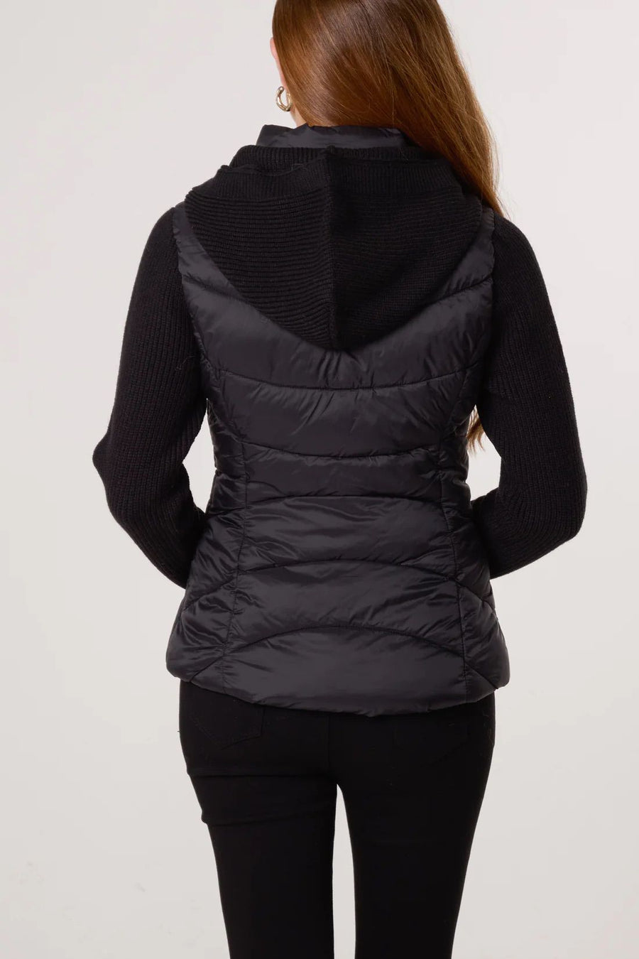 Knitted Sleeve Puffer Quilted Jacket - Black