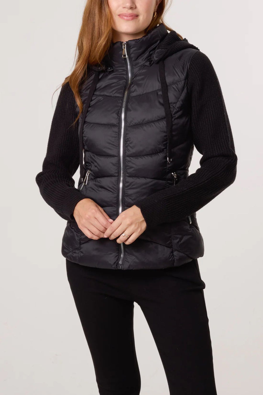 Knitted Sleeve Puffer Quilted Jacket - Black